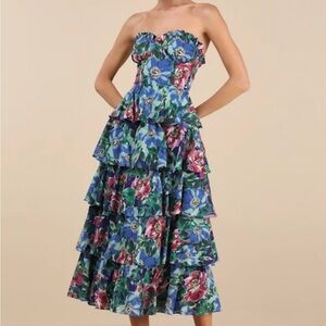 Lulus NWT Nayha Blue Multi Floral Strapless Tiered Midi Dress Size S